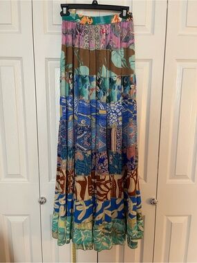 Patchwork Bohemian Maxi Skirt in Blue & Brown